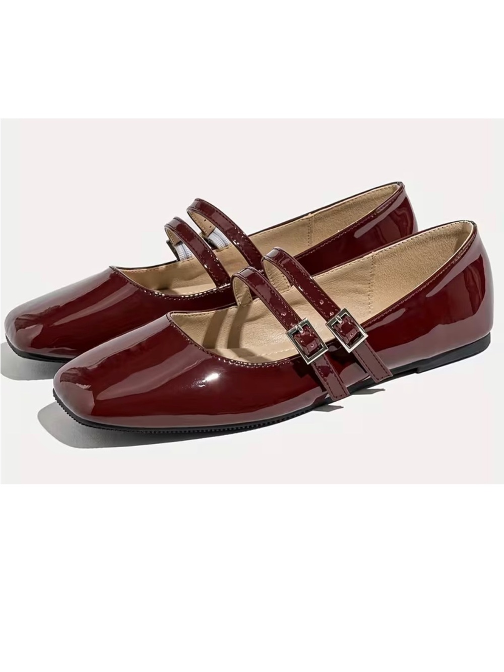 Women's Mary Jane Square-Toe Flats in Burgundy